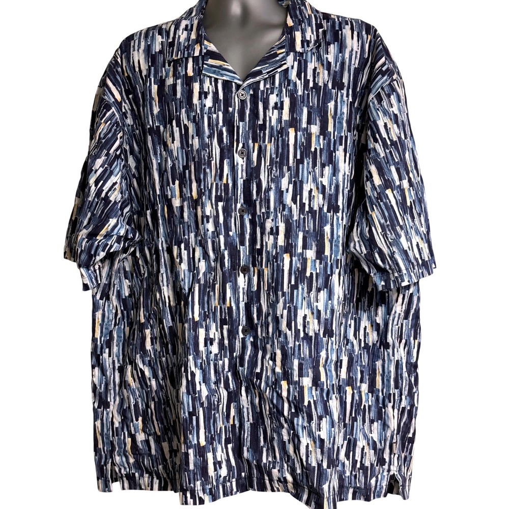 Stacy Adams Mens 4XL Blue Abstract Brushstroke Linen Cotton Camp Shirt Short Sl